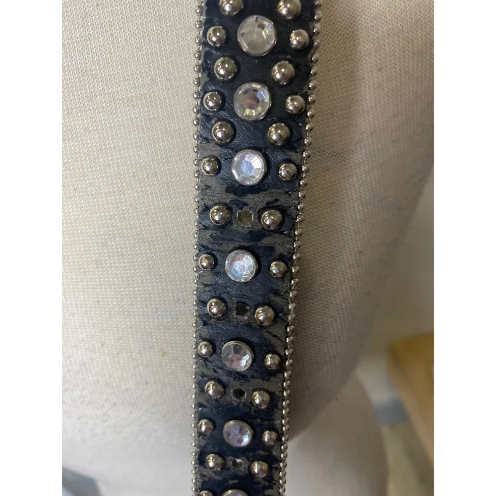 BHW Black Leather Western Belt Crystal Studded Silver Buckle Y2K Cowgirl
